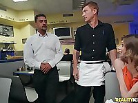 Slutty Anya Olsen seduces a waiter at a restaurant and pounds him