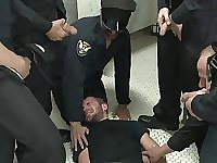 Bound in Public. Hairy perv gets taken downtown and gang fucked by the whole jail house