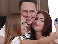 Teen babes Katarina Muti and Renata Fox share a cum shot in a threesome