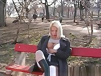 blonde girl pissing in public
