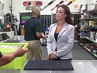 Curly-haired Victoria Banxxx sucks and rides dick at pawn shop