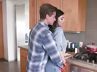 Guy turns the brunette stepmom on and fucks her in the bedroom